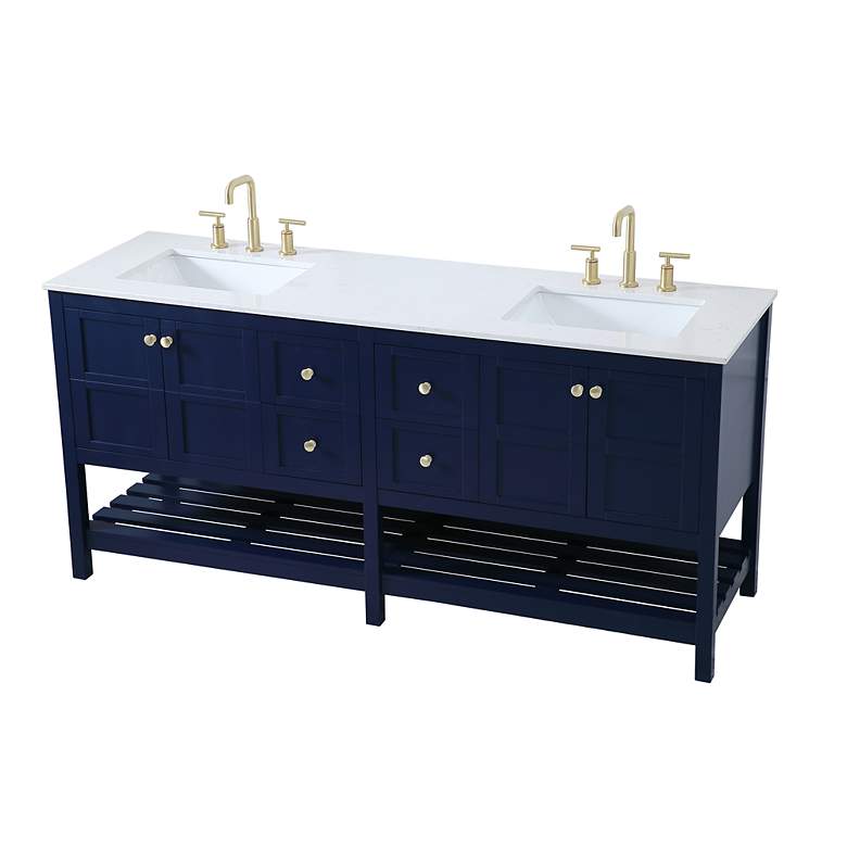Image 4 72-Inch Blue Double Sink Bathroom Vanity With White Calacatta Quartz Top more views