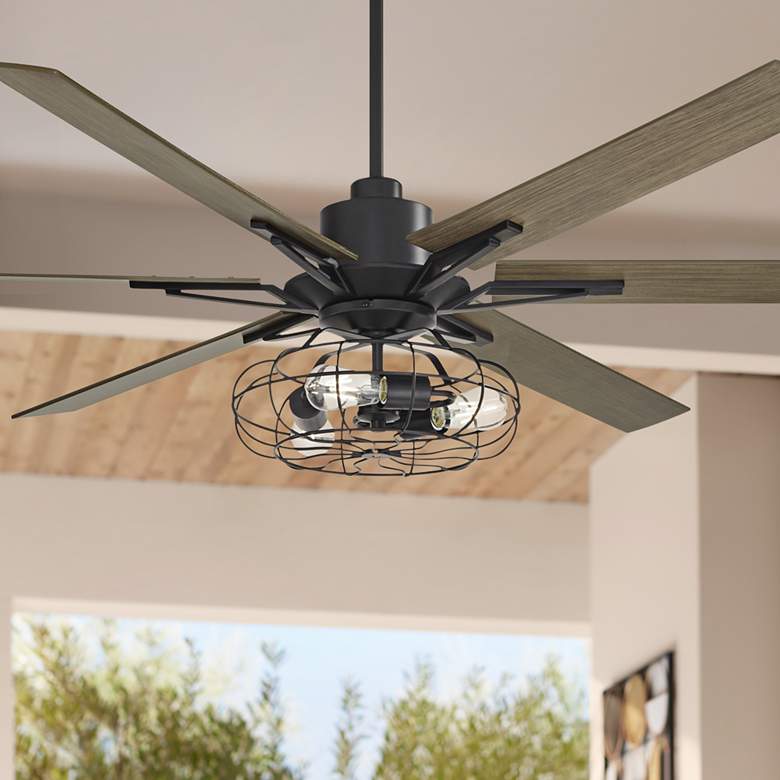 Image 1 72" Casa Vieja Expedition Black Cage LED Large Ceiling Fan with Remote