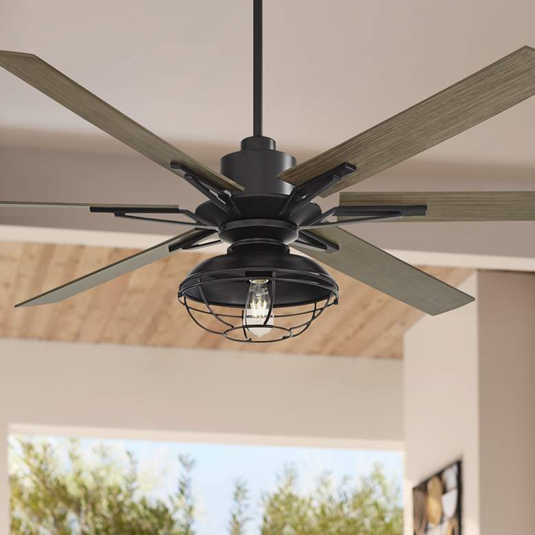 Image 1 72" Casa Vieja Expedition Black Cage LED Large Damp Fan with Remote
