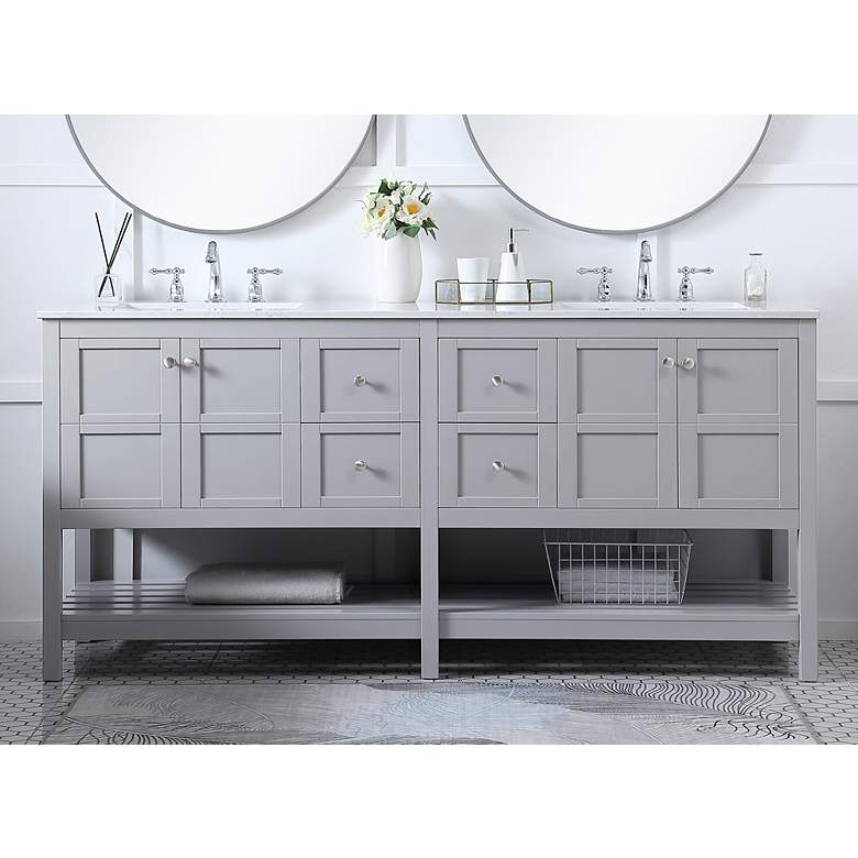 Image 1 72-Inch Grey Double Sink Bathroom Vanity With White Calacatta Quartz Top