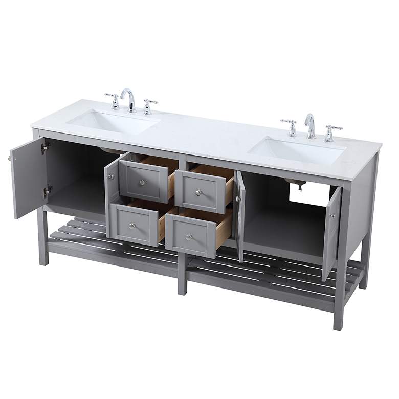 Image 5 72-Inch Grey Double Sink Bathroom Vanity With White Calacatta Quartz Top more views