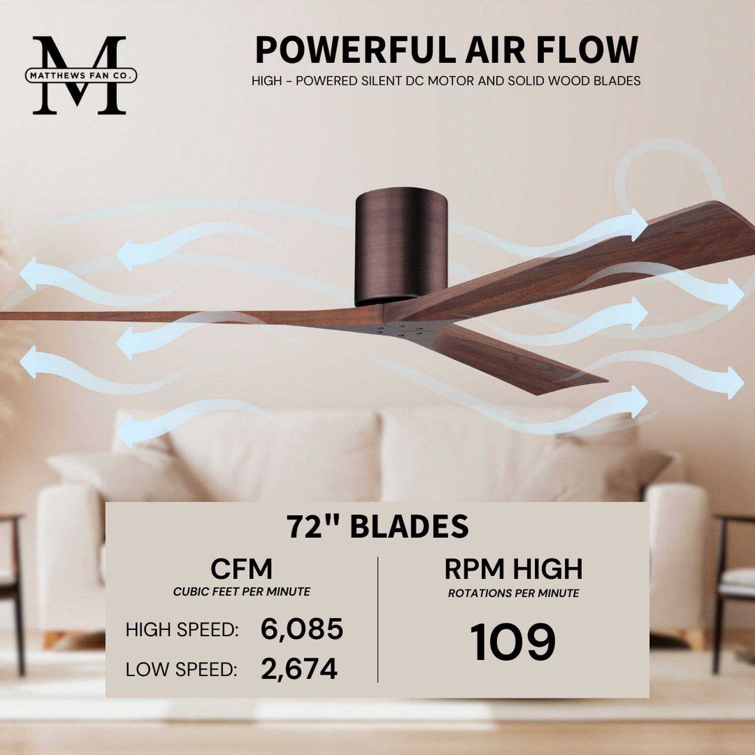 72" Irene-3H Brushed Bronze Ceiling Fan with Walnut Blades