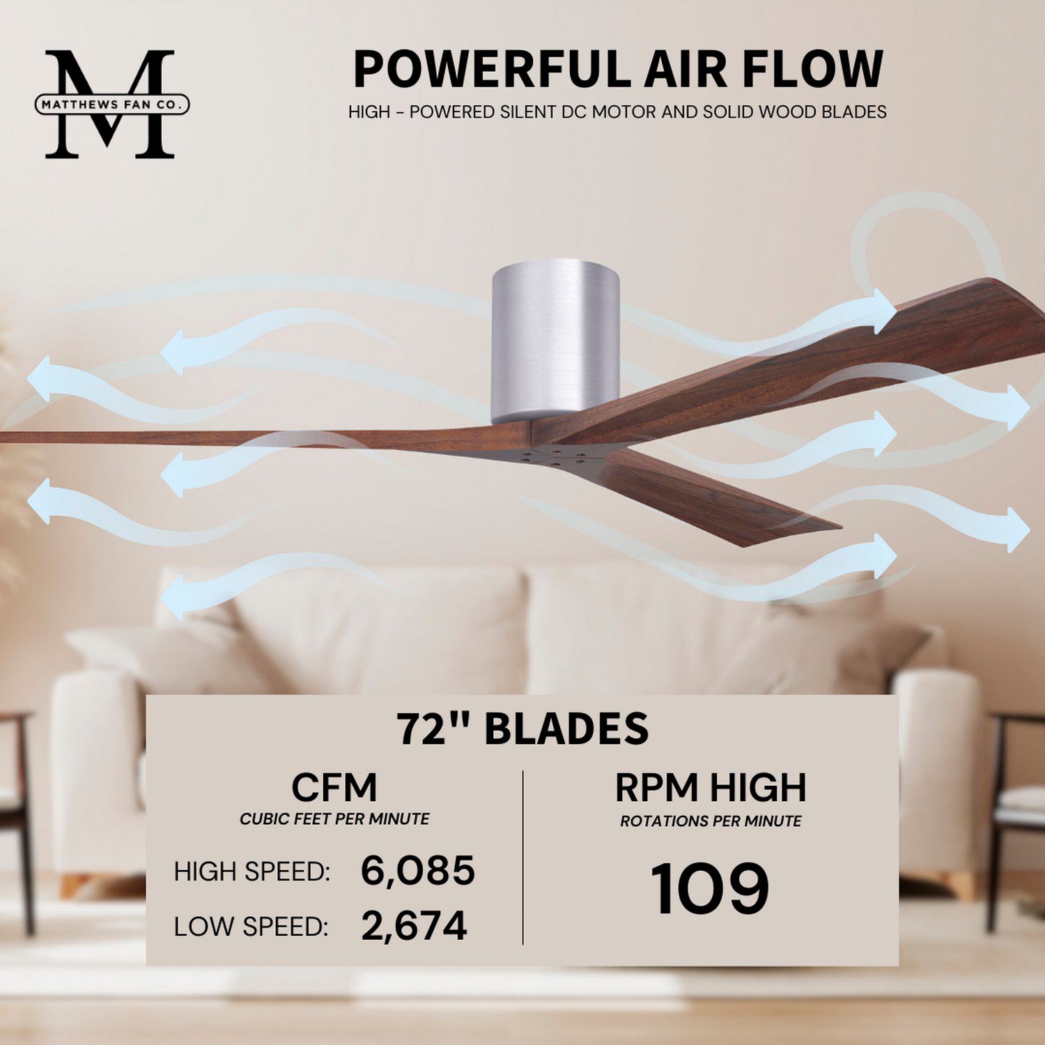 72" Irene-3H Brushed Nickel Ceiling Fan with Walnut Blades