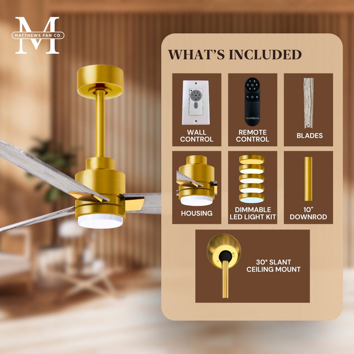 72" Matthews Alessandra Damp LED Brass Barnwood Fan with Remote