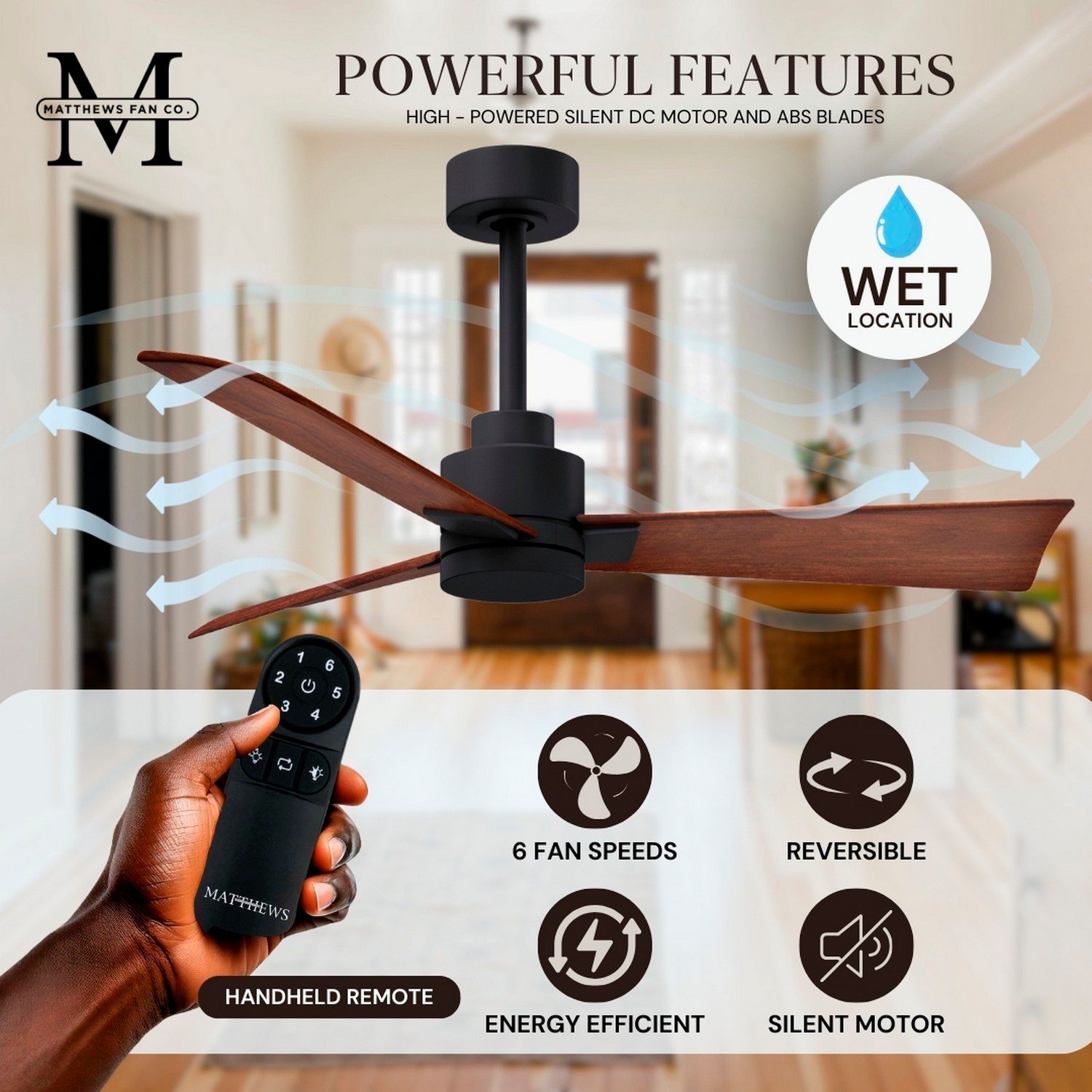 72" Matthews Alessandra Wet Matte Black Walnut Ceiling Fan with Remote