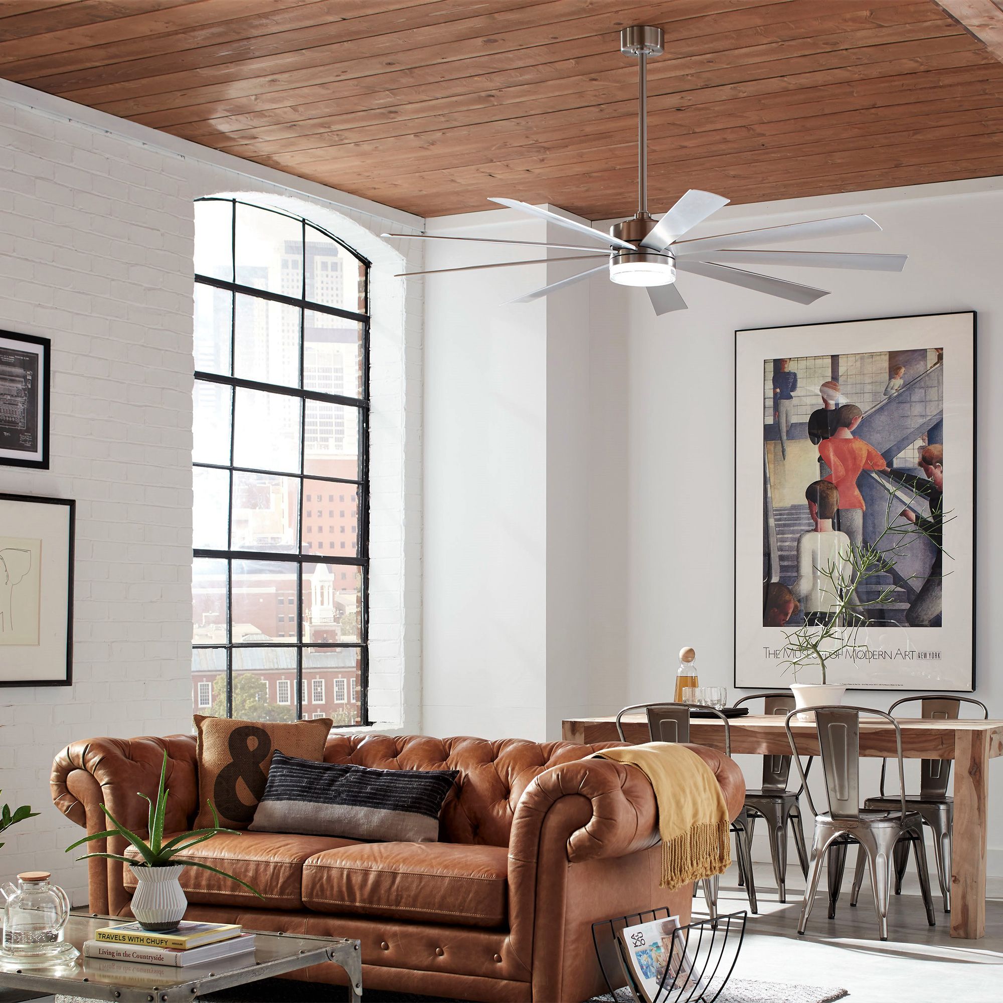 72" Modern Forms Wynd XL Stainless Steel LED Smart In/Out Ceiling Fan in scene