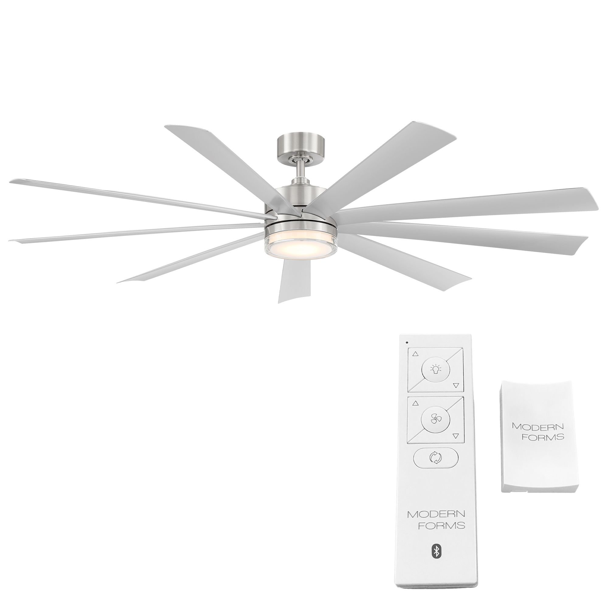 72" Modern Forms Wynd XL Stainless Steel LED Smart In/Out Ceiling Fan in scene