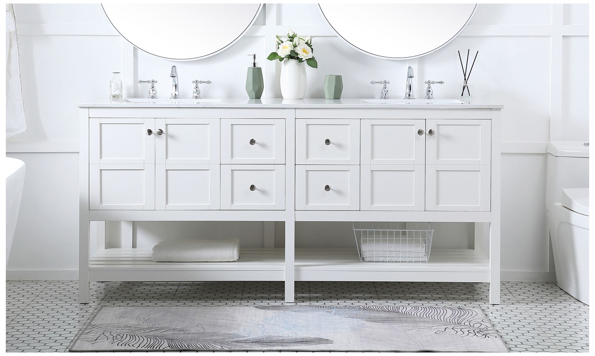 Image 2 72-Inch White Double Sink Bathroom Vanity with Calacatta White Quartz Top more views
