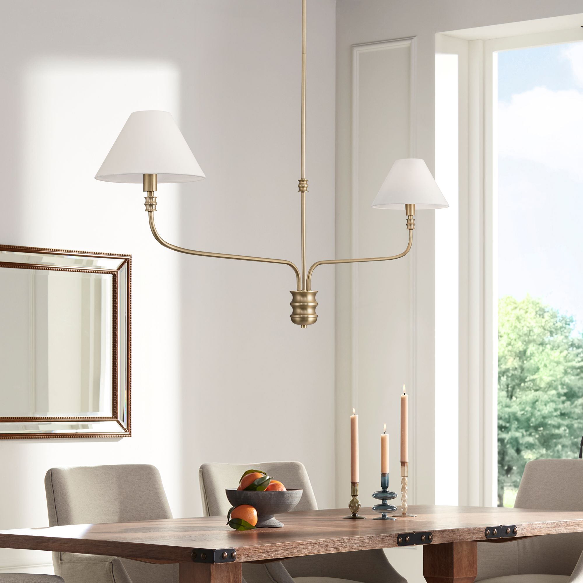 Image 1 Possini Euro Nikos 48" Wide Matte Brass 2-Light Shade Pendant Light in scene