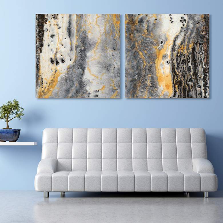 Image 1 Bands of Gold Abstract 76" Wide 2-Piece Glass Wall Art Set in scene