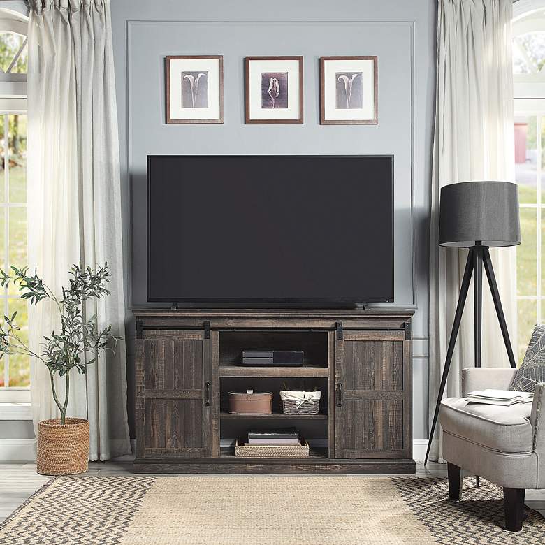 Image 1 Myrtle 60" Wide Heavy Brown Wood 2-Door TV Stand in scene