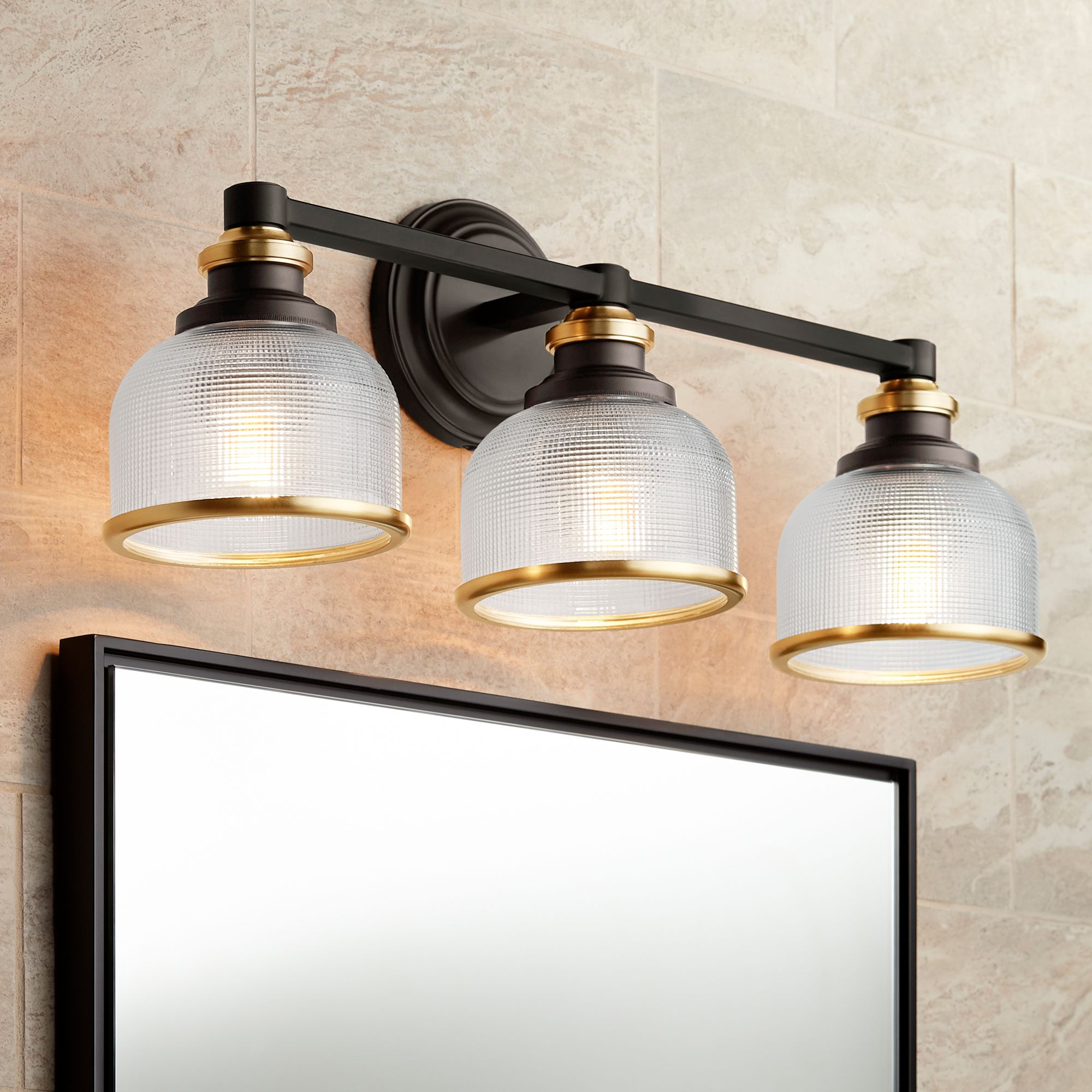 Image 1 Possini Euro Poway 24" Wide Dark Bronze and Glass 3-Light Bath Light in scene