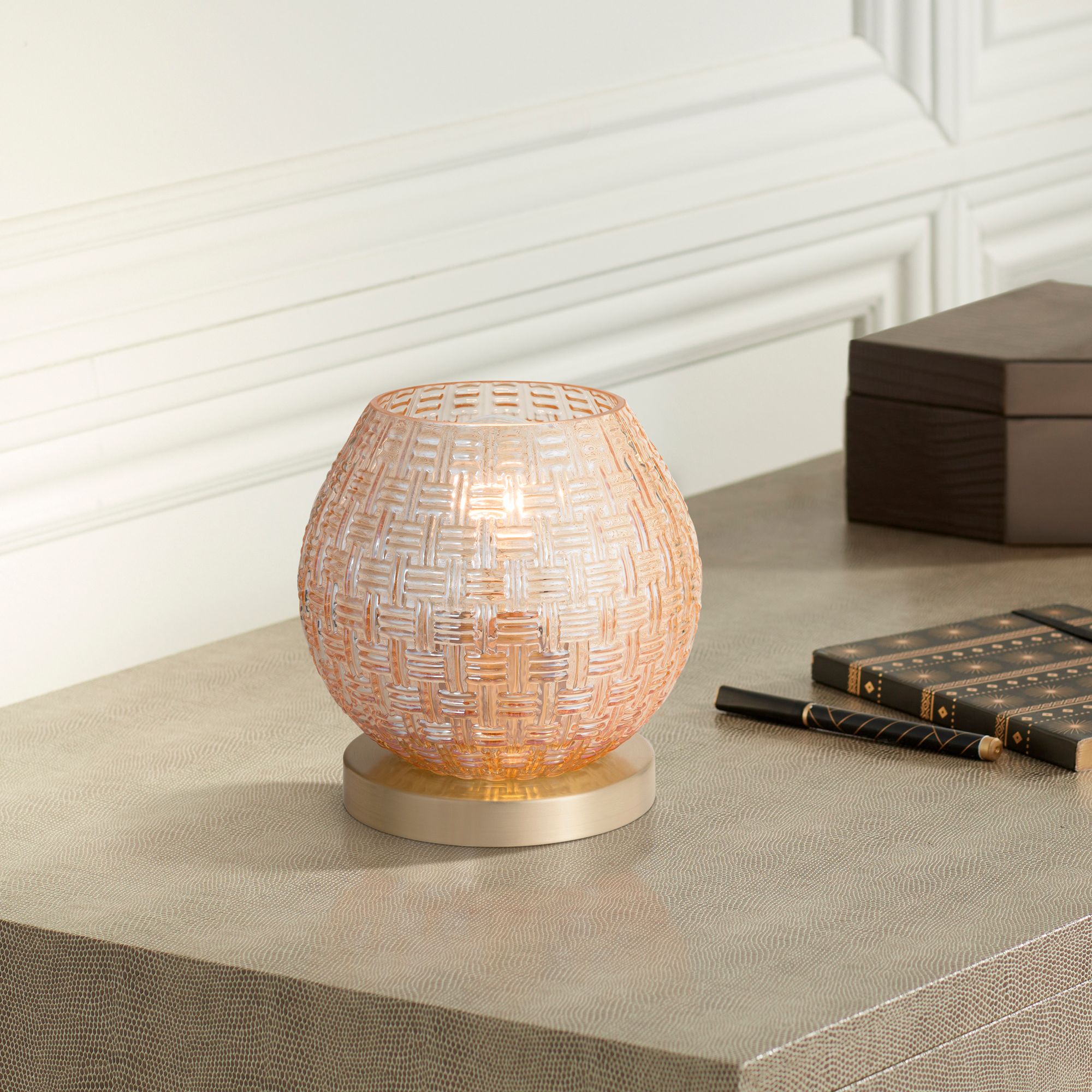 Pia 7 1/2" High Amber Weave Glass Globe Accent Lamp in scene