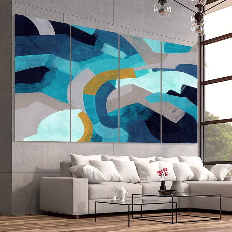 Image 1 Puzzle Blues ABCD 144" Wide 4-Piece Glass Graphic Wall Art in scene