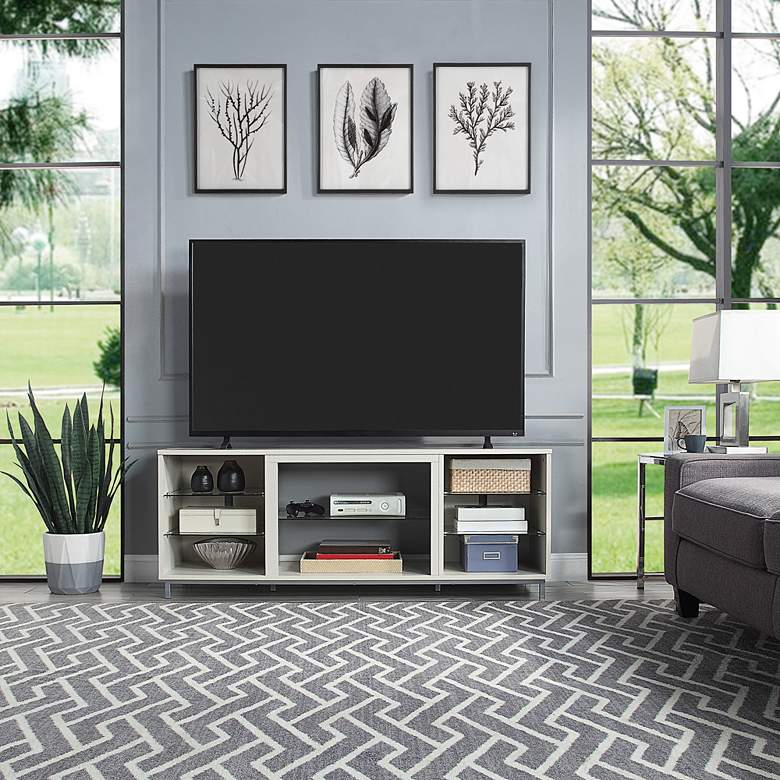 Image 1 Brighton 60" Wide Beige Wood Rectangular 7-Shelf TV Stand in scene