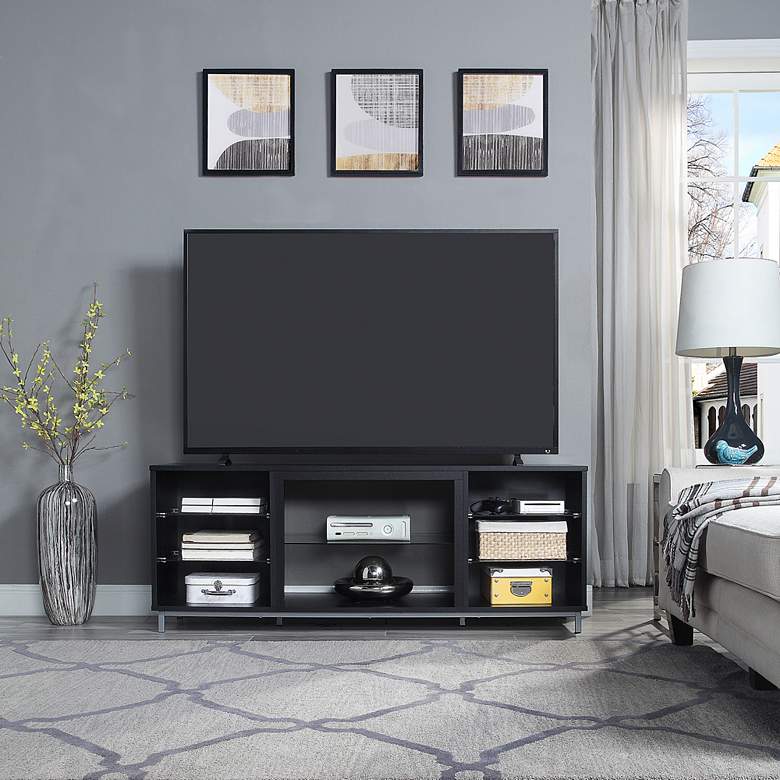 Image 1 Brighton 60" Wide Onyx Wood Rectangular 7-Shelf TV Stand in scene