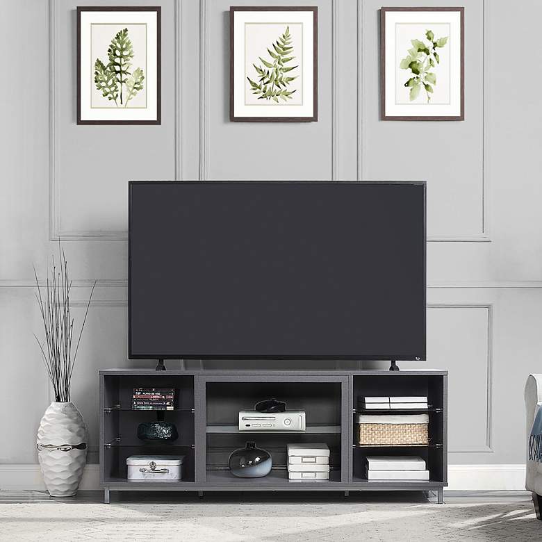 Image 1 Brighton 60 inch Wide Gray Wood Rectangular 7-Shelf TV Stand in scene