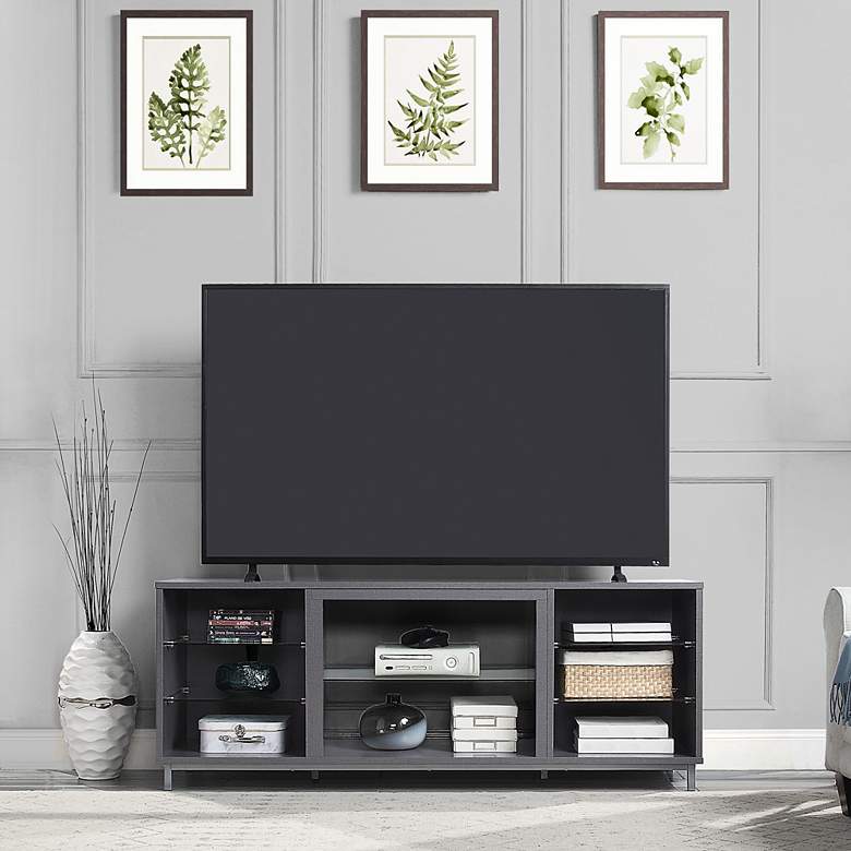 Image 1 Brighton 60" Wide Gray Wood Rectangular 7-Shelf TV Stand in scene