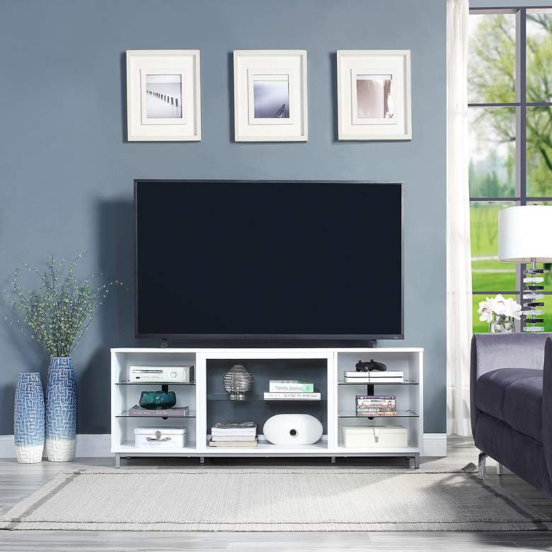 Image 1 Brighton 60" Wide White Wood Rectangular 7-Shelf TV Stand in scene