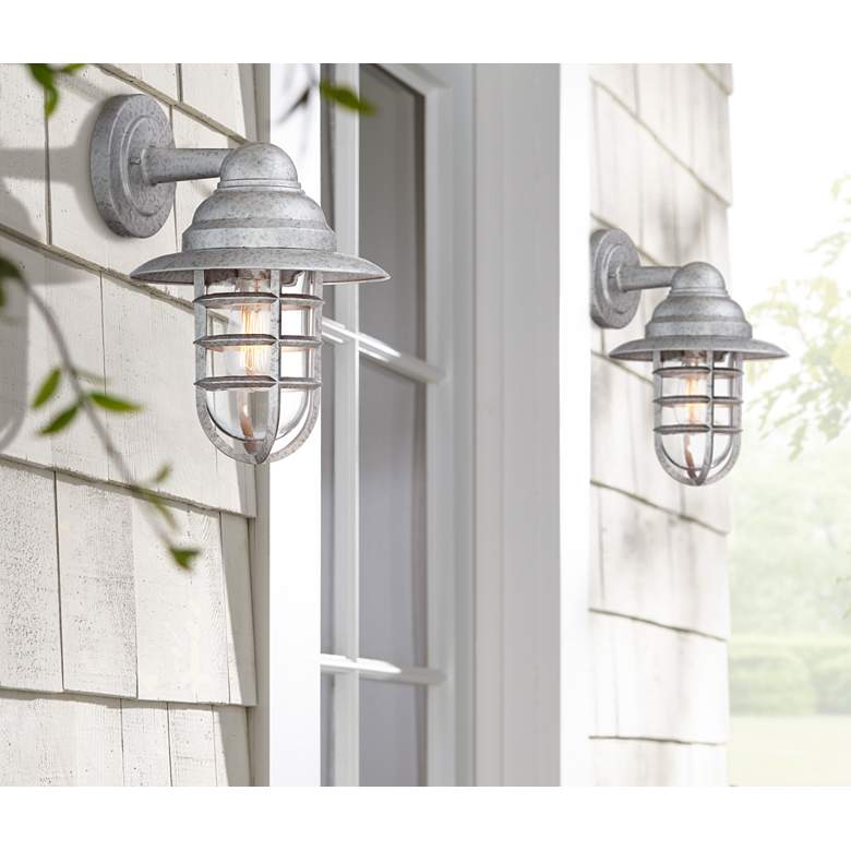 Image 1 Marlowe Galvanized Hooded Cage Outdoor Wall Lights Set of 2 in scene