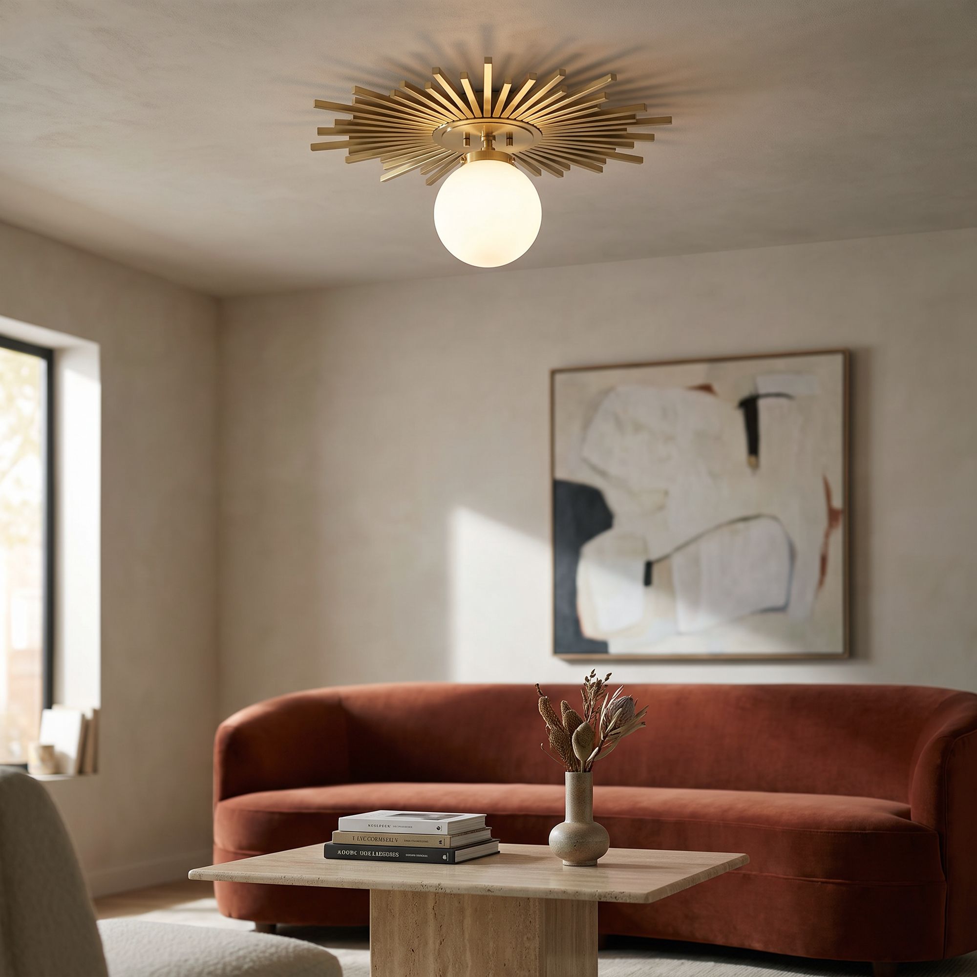 Image 1 Possini Euro Hazel 24" Wide Sunburst Warm Antique Brass Ceiling Light in scene