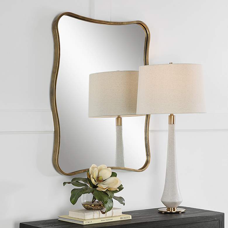 Image 1 Pavia Antiqued Gold 28" x 36" Curvy Vanity Wall Mirror in scene