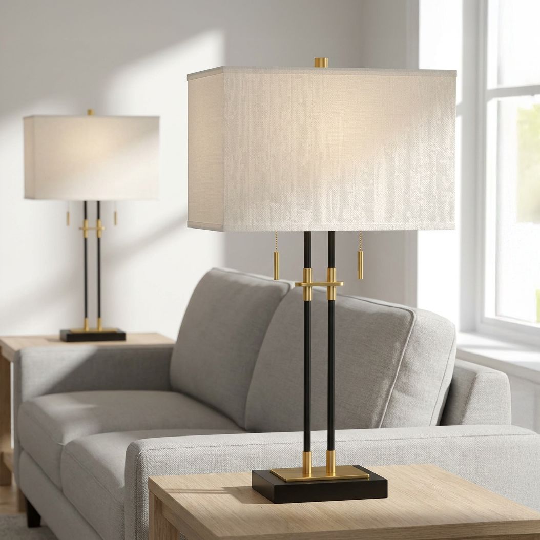 Image 1 Stefano 30 1/4"H Black Gold 2-Light Pull Chain USB Table Lamp Set of 2 in scene
