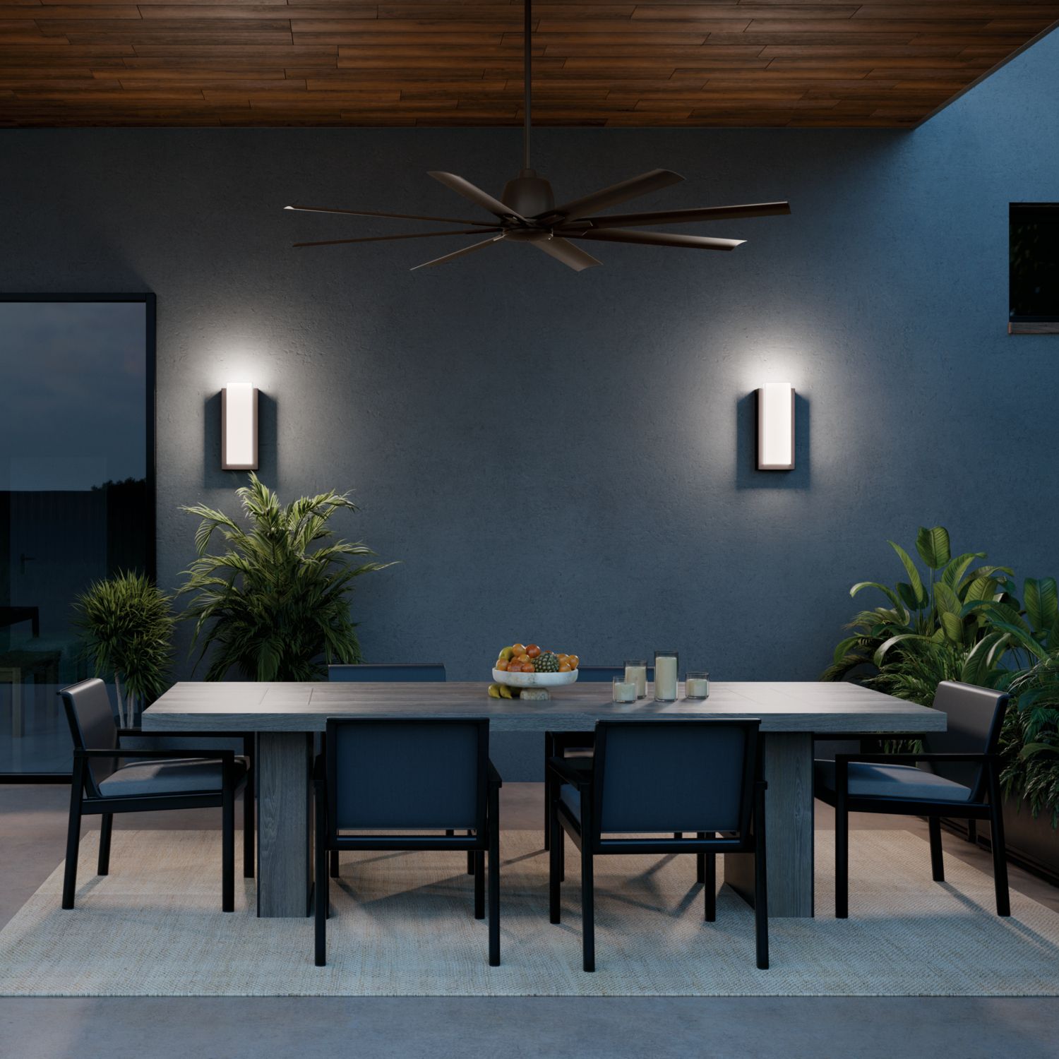 75" Kichler Breda Outdoor Satin Bronze Large Ceiling Fan with Remote in scene