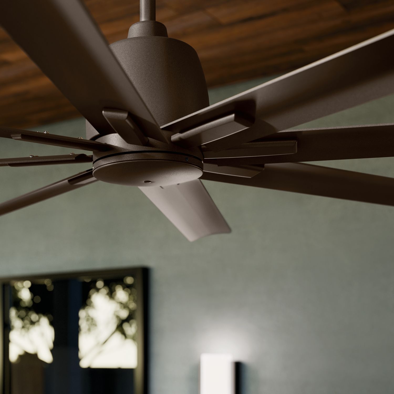 75" Kichler Breda Outdoor Satin Bronze Large Ceiling Fan with Remote in scene