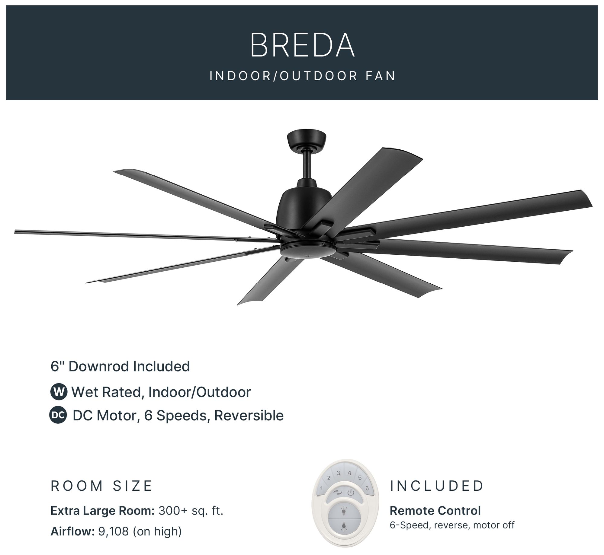 75" Kichler Breda Satin Black Large Outdoor Ceiling Fan with Remote