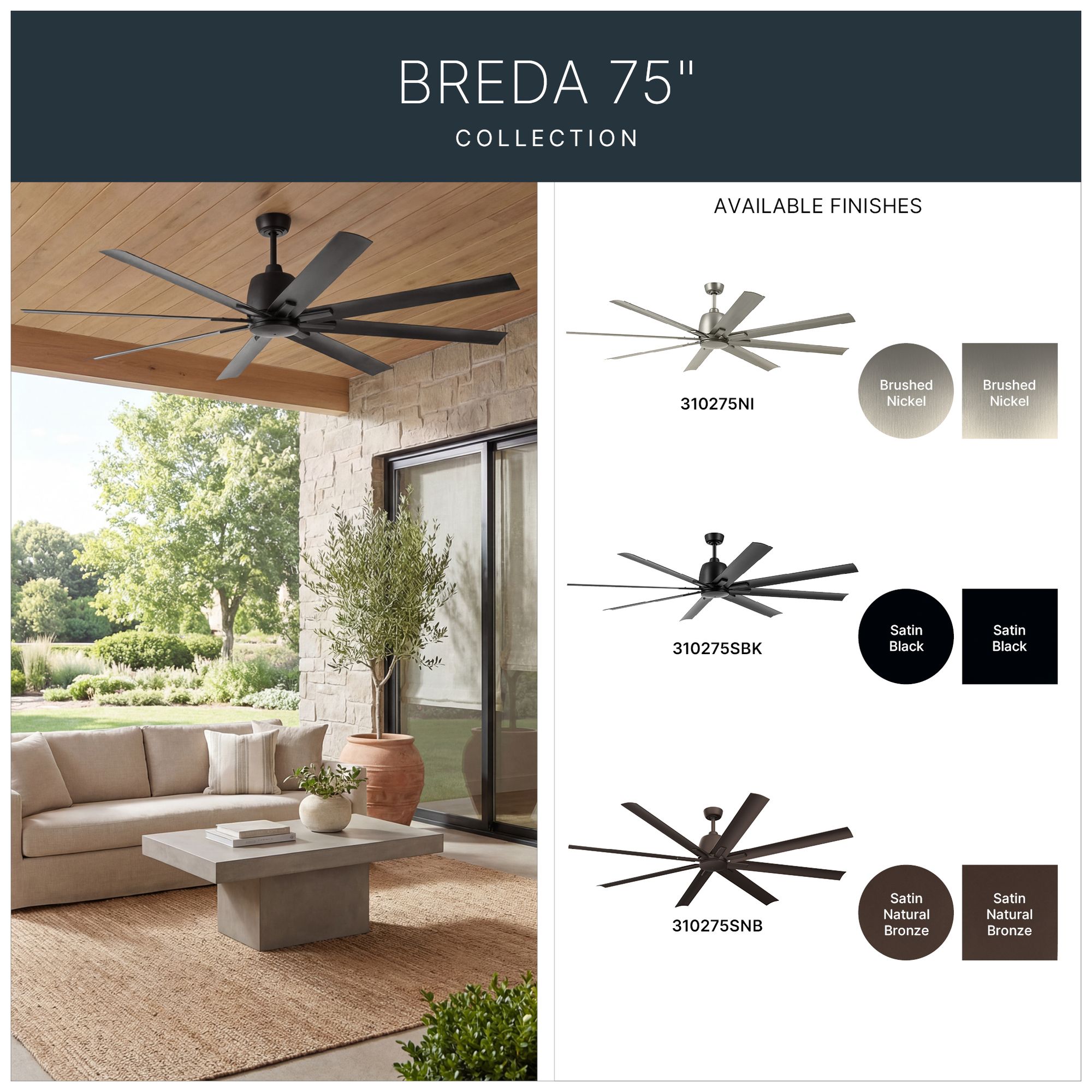 75" Kichler Breda Satin Black Large Outdoor Ceiling Fan with Remote