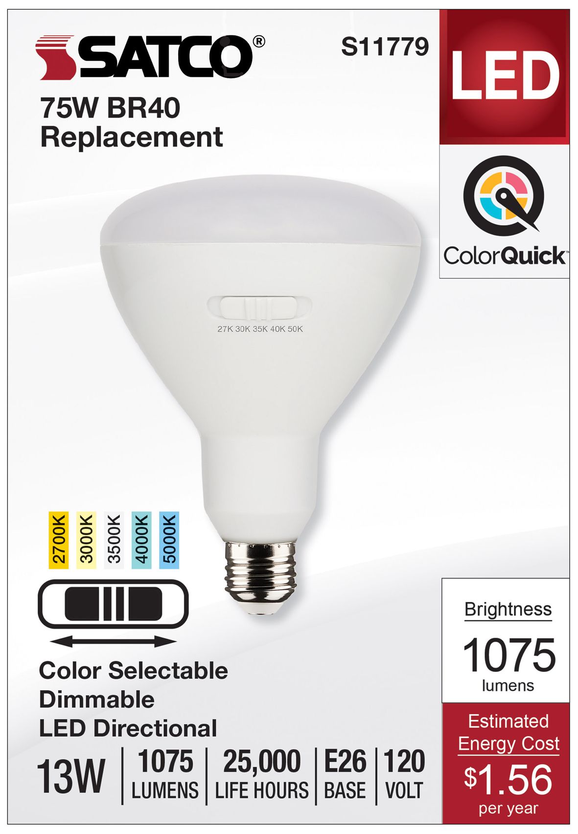 Image 3 75 Watt Equivalent 13W LED Dimmable BR40 Medium Base bulb by Satco more views