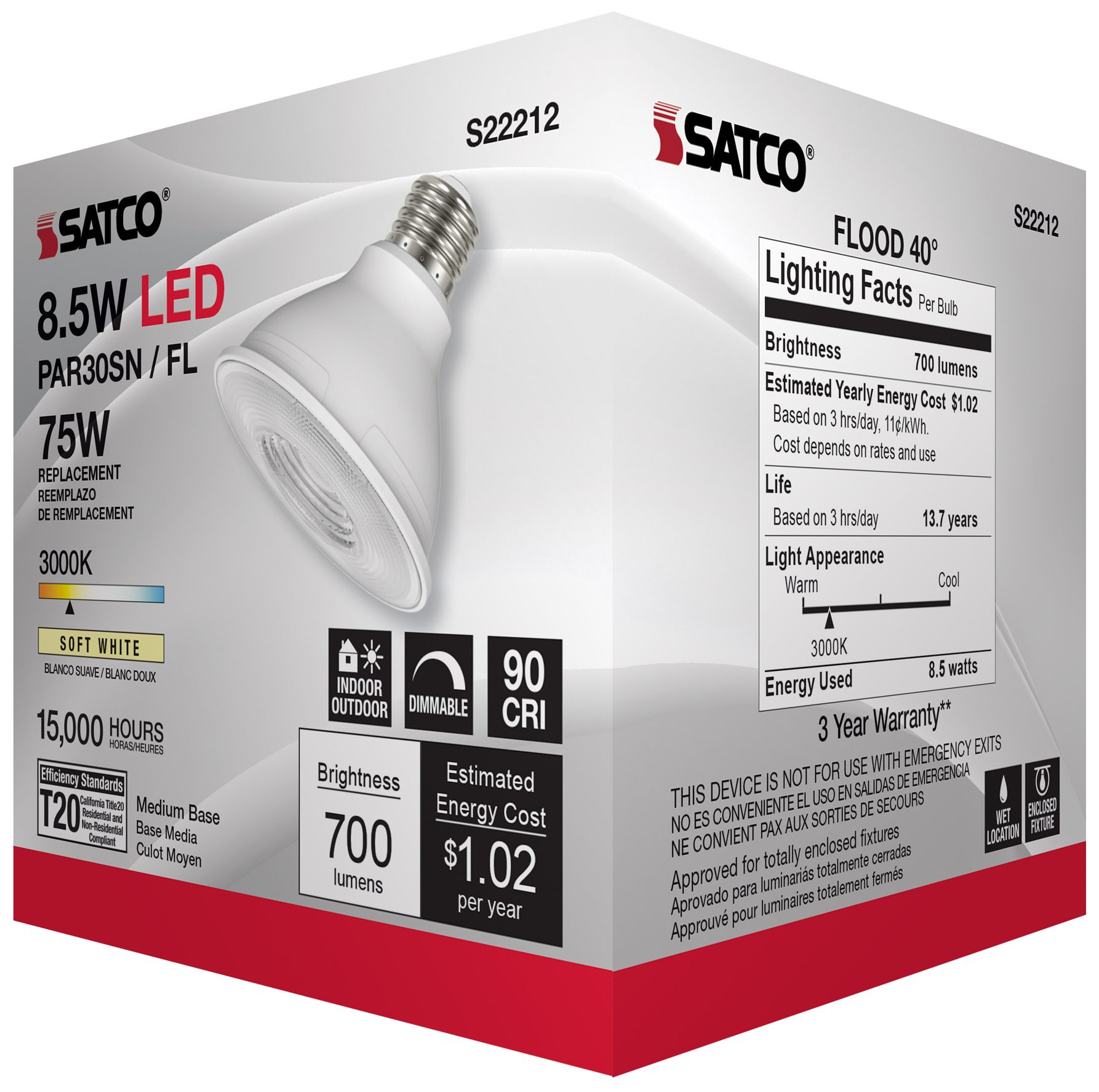75 Watt Equivalent Satco Clear 8.5W LED Dimmable Par 30 Bulb in scene