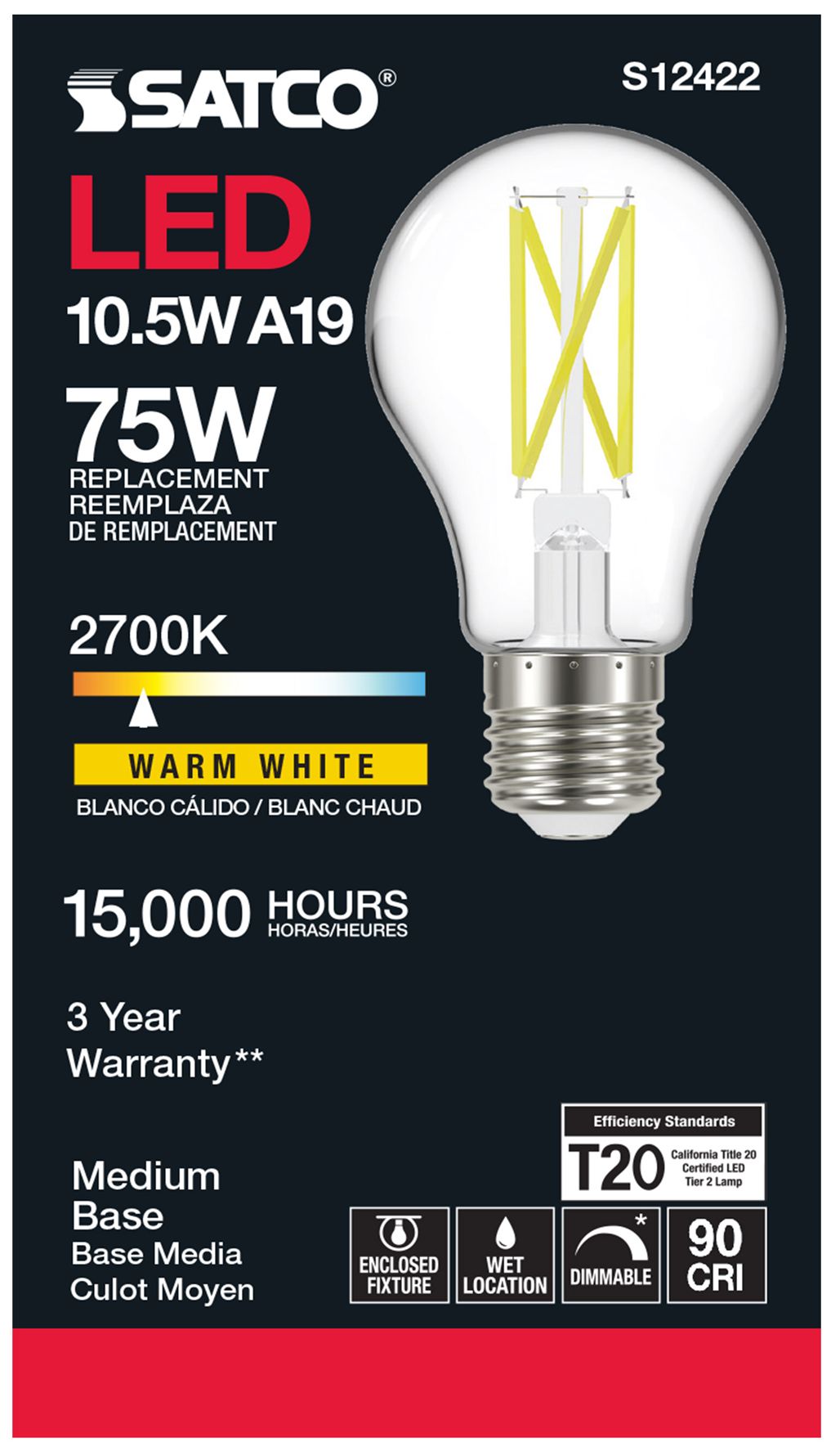 Image 4 75W Equivalent 10.5W LED Dimmable E26 2700K A19 Light Bulb by Satco more views