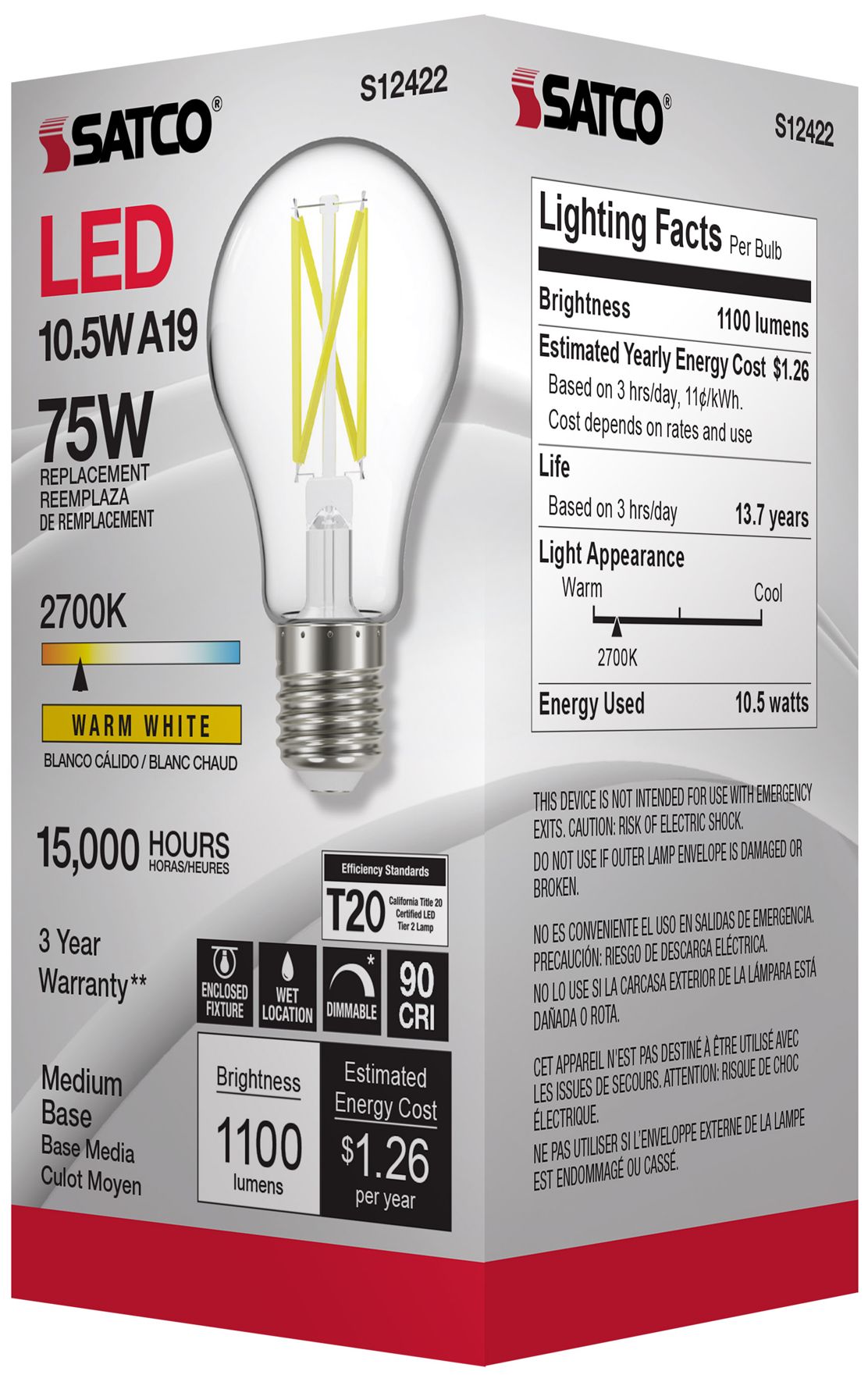Image 7 75W Equivalent 10.5W LED Dimmable E26 2700K A19 Light Bulb by Satco more views