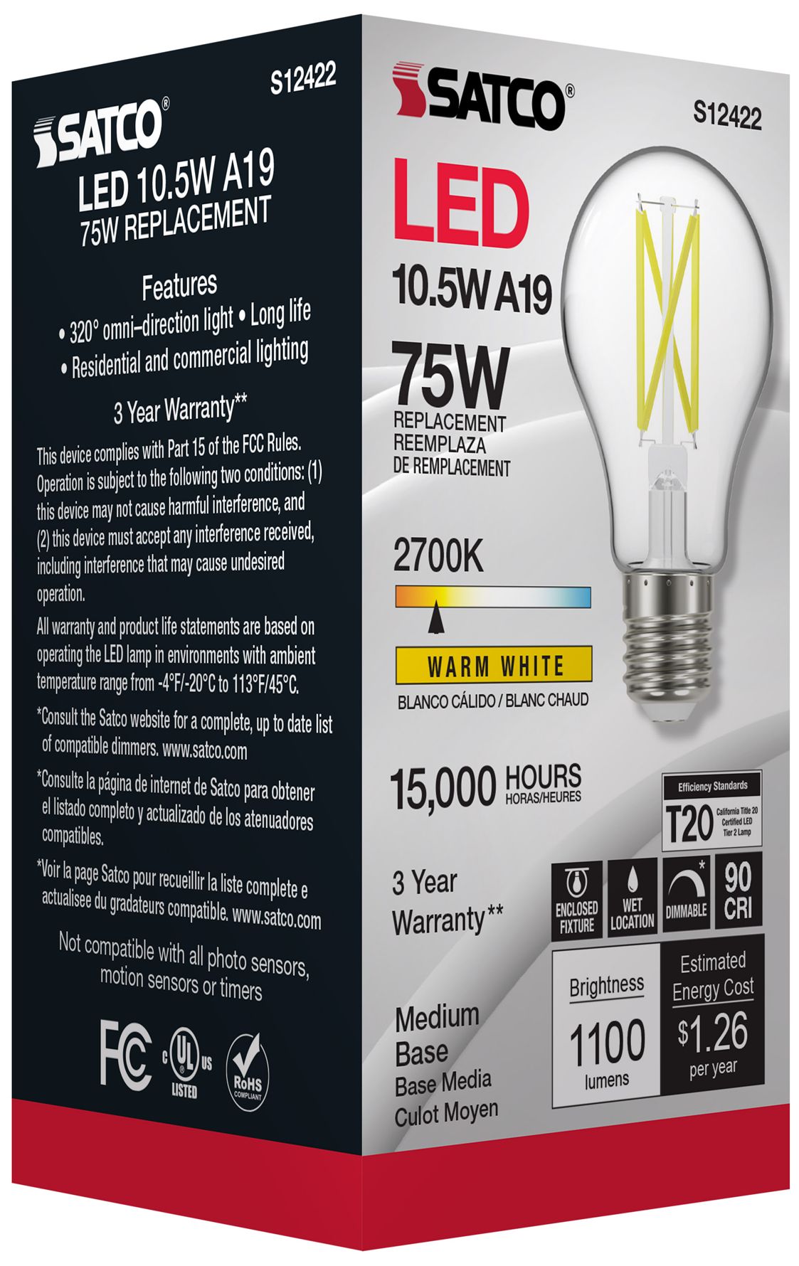 75W Equivalent 10.5W LED Dimmable E26 2700K A19 Light Bulb by Satco