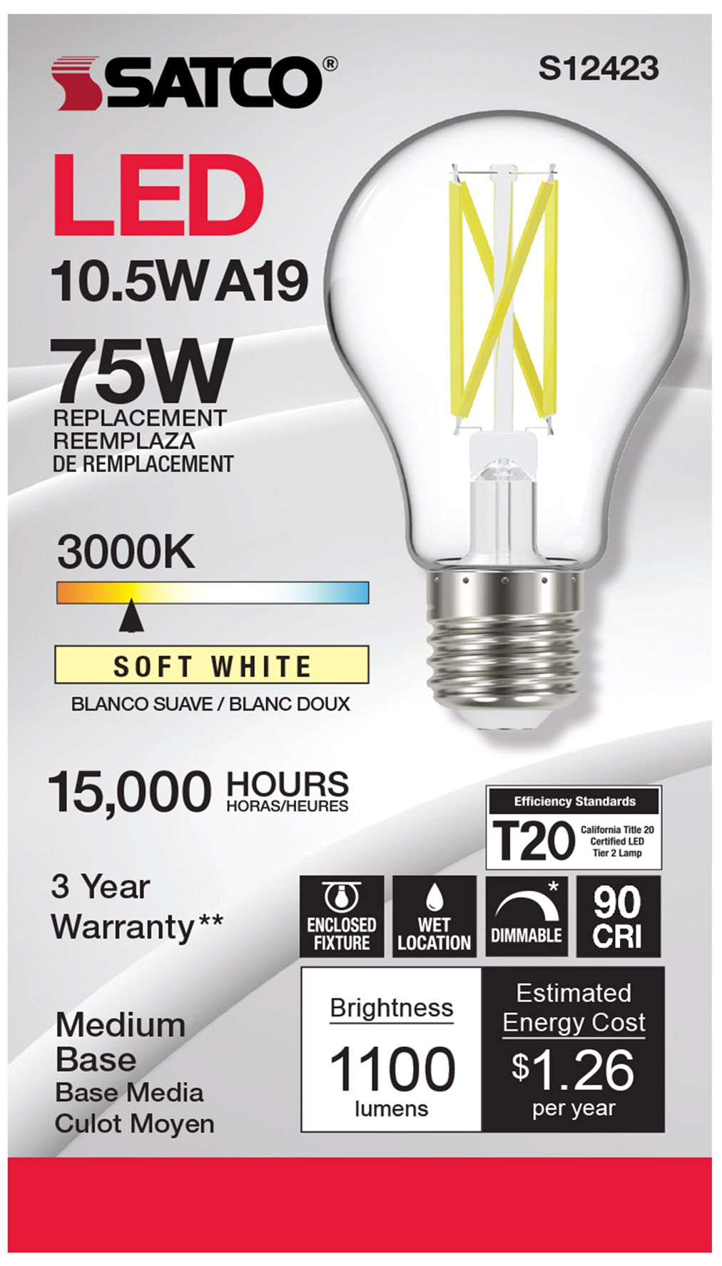 Image 3 75W Equivalent 10.5W LED Dimmable E26 3000K A19 Light Bulb by Satco more views