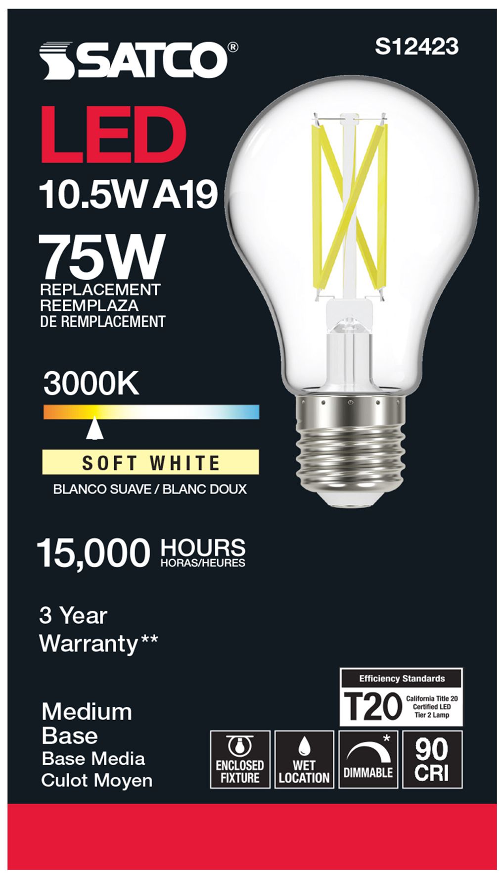 Image 4 75W Equivalent 10.5W LED Dimmable E26 3000K A19 Light Bulb by Satco more views