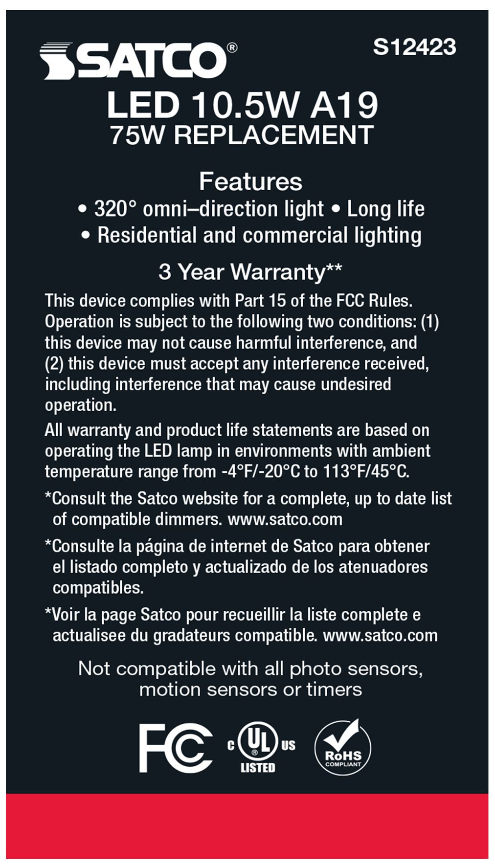 Image 6 75W Equivalent 10.5W LED Dimmable E26 3000K A19 Light Bulb by Satco more views