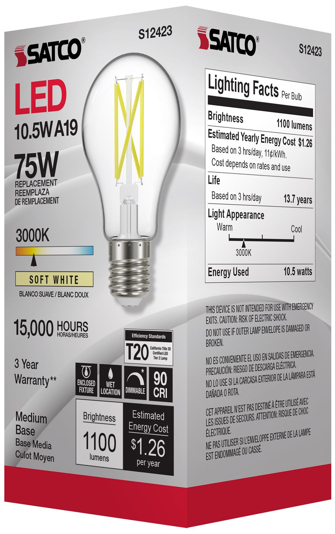 Image 7 75W Equivalent 10.5W LED Dimmable E26 3000K A19 Light Bulb by Satco more views