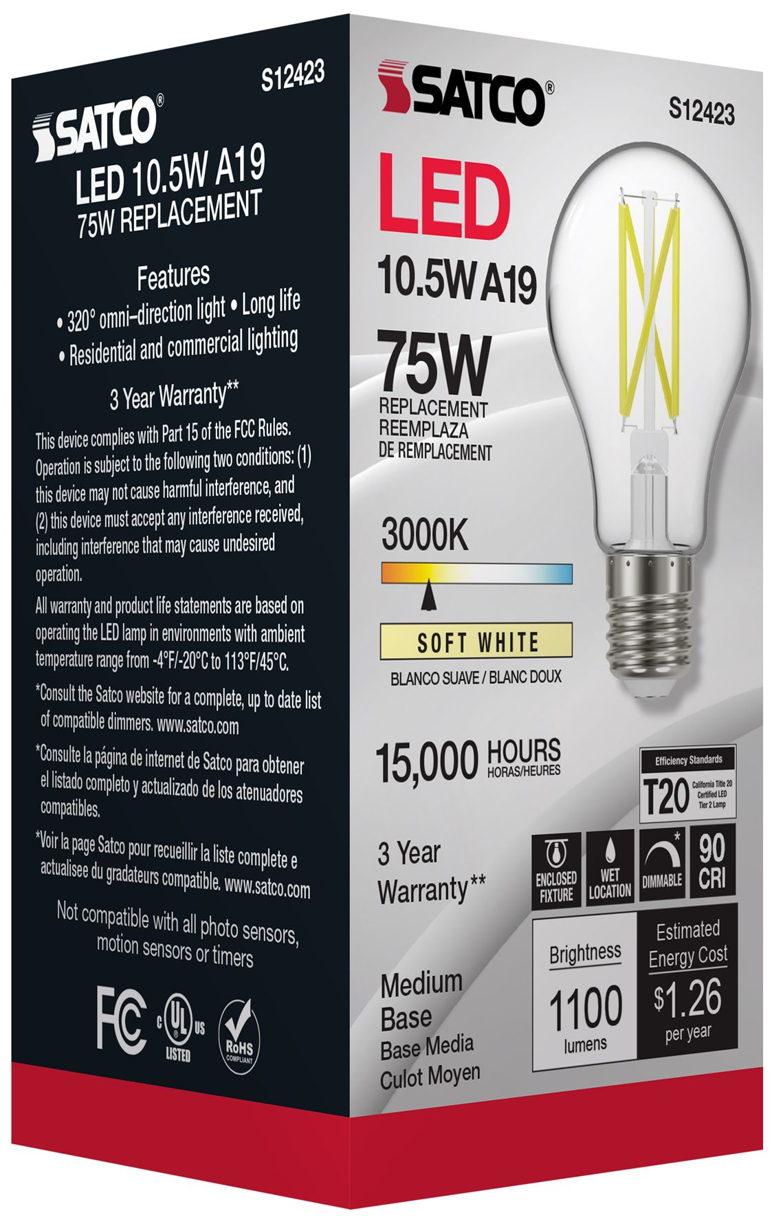 75W Equivalent 10.5W LED Dimmable E26 3000K A19 Light Bulb by Satco