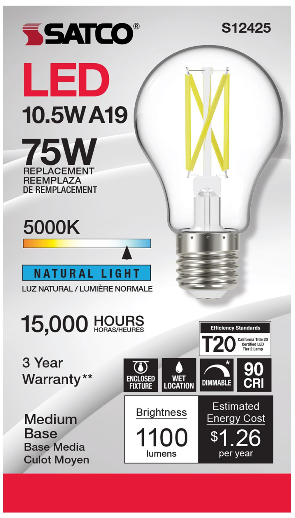 Image 3 75W Equivalent 10.5W LED Dimmable E26 5000K A19 Light Bulb by Satco more views