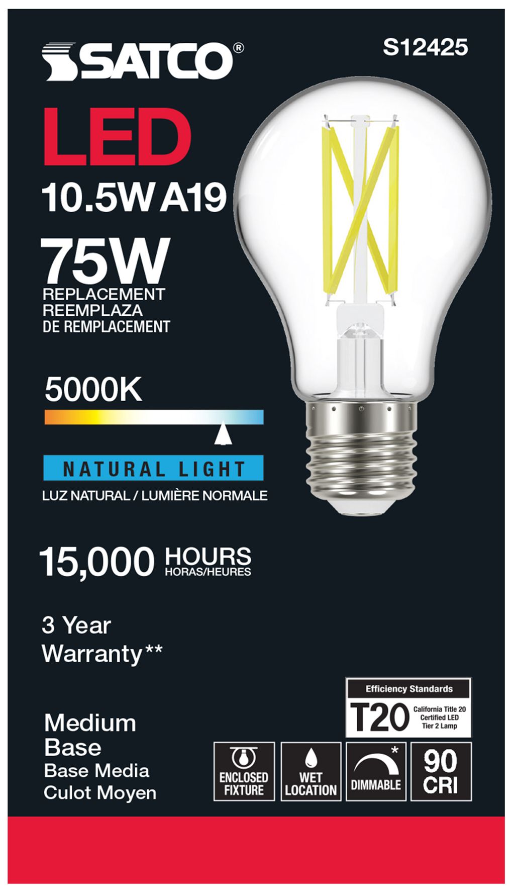 Image 4 75W Equivalent 10.5W LED Dimmable E26 5000K A19 Light Bulb by Satco more views