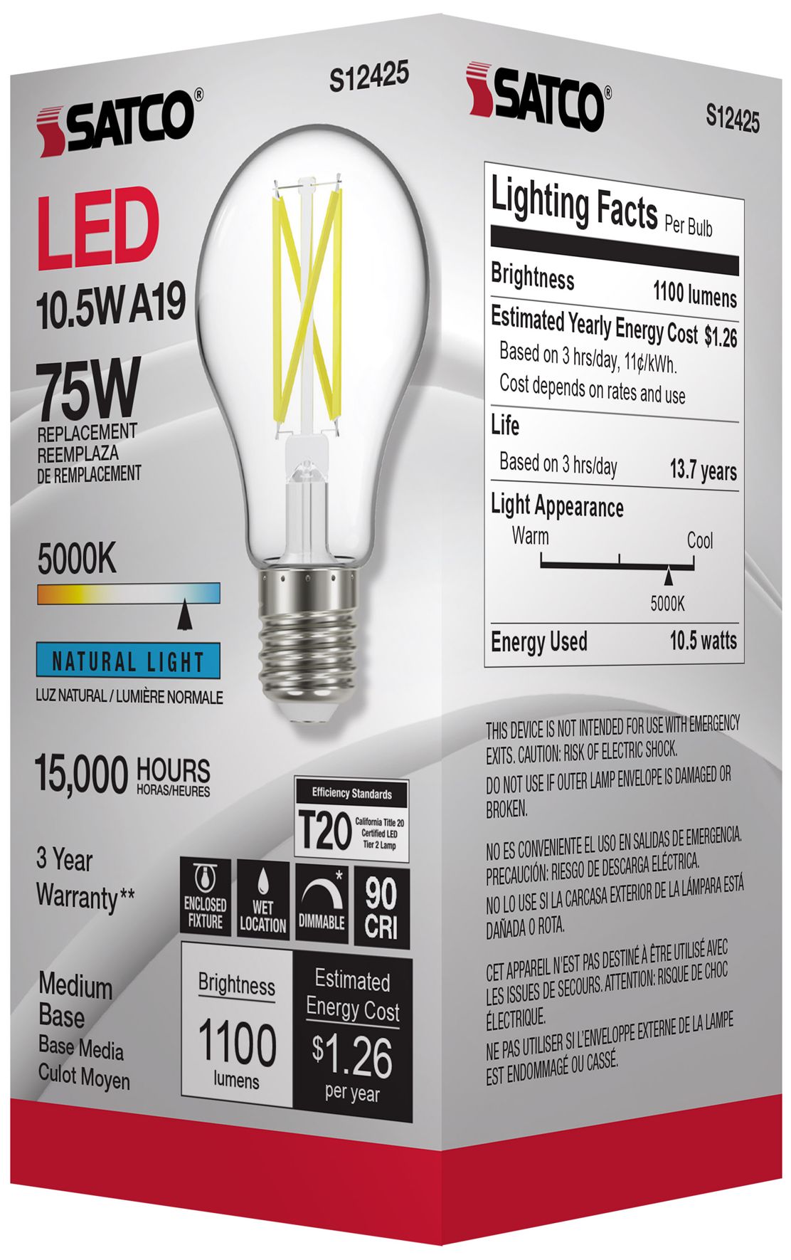 Image 7 75W Equivalent 10.5W LED Dimmable E26 5000K A19 Light Bulb by Satco more views