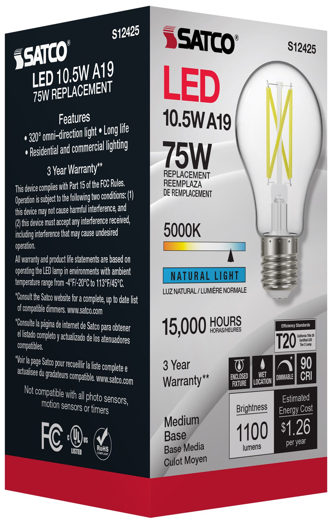 75W Equivalent 10.5W LED Dimmable E26 5000K A19 Light Bulb by Satco