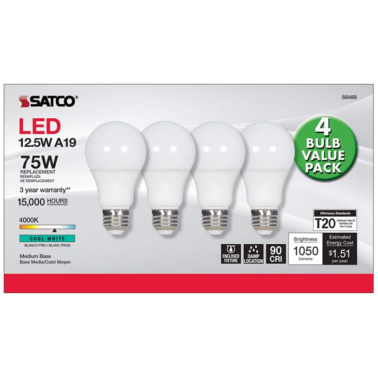 Image 6 75W Equivalent 12.5W LED Dimmable E26 2700K Frosted A19 Light Bulb by Satco more views