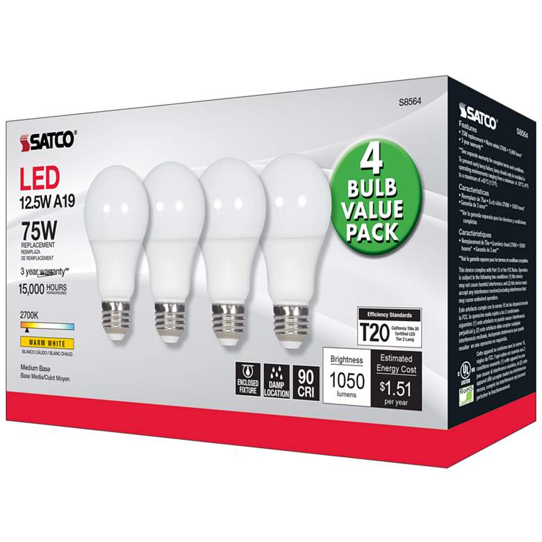 Image 4 75W Equivalent 12.5W LED E26 2700K Frosted A19 Light Bulb by Satco more views