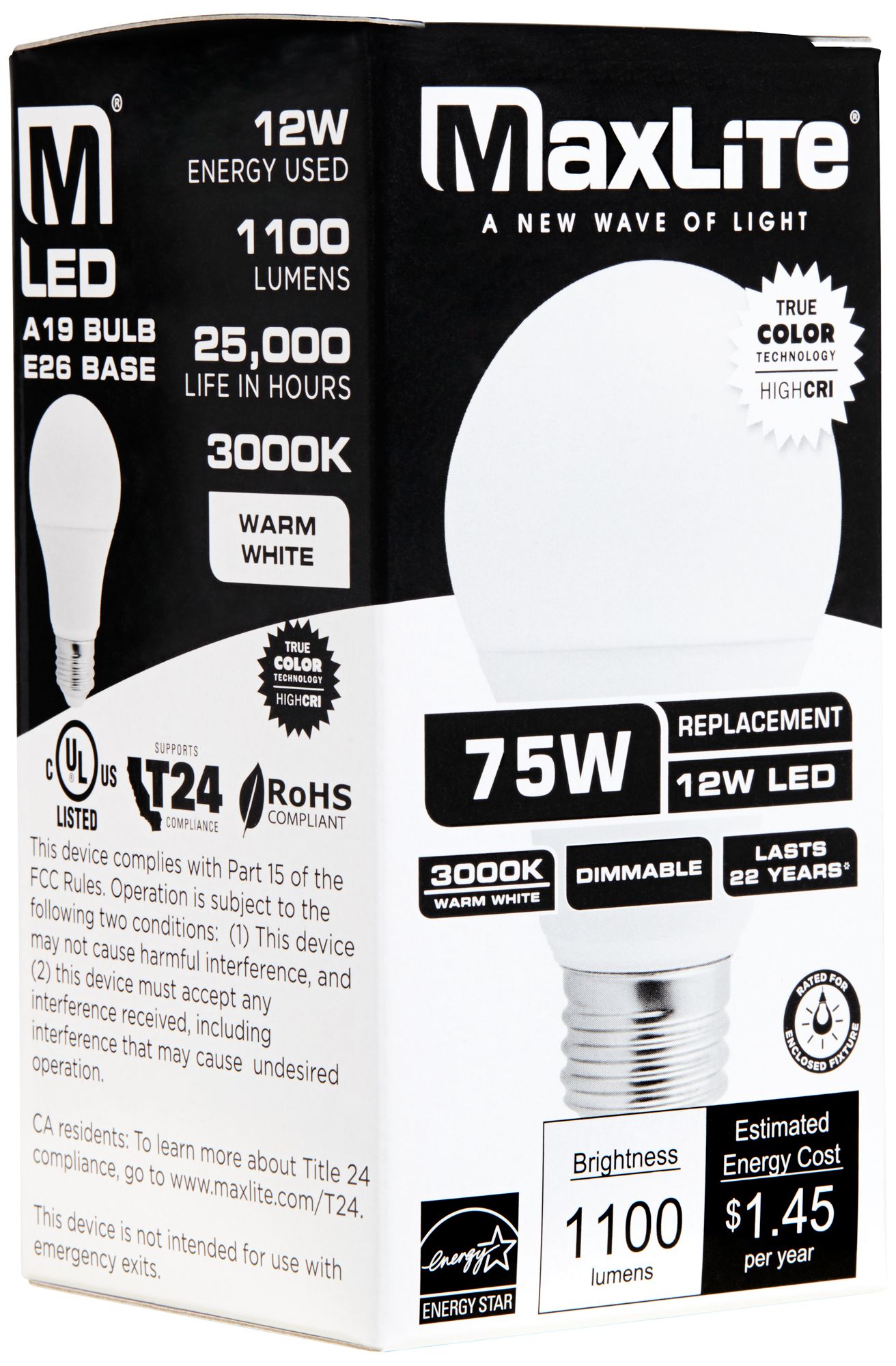 Image 2 75W Equivalent Frosted 12W Dimmable A19 Standard Bulb by MaxLite more views