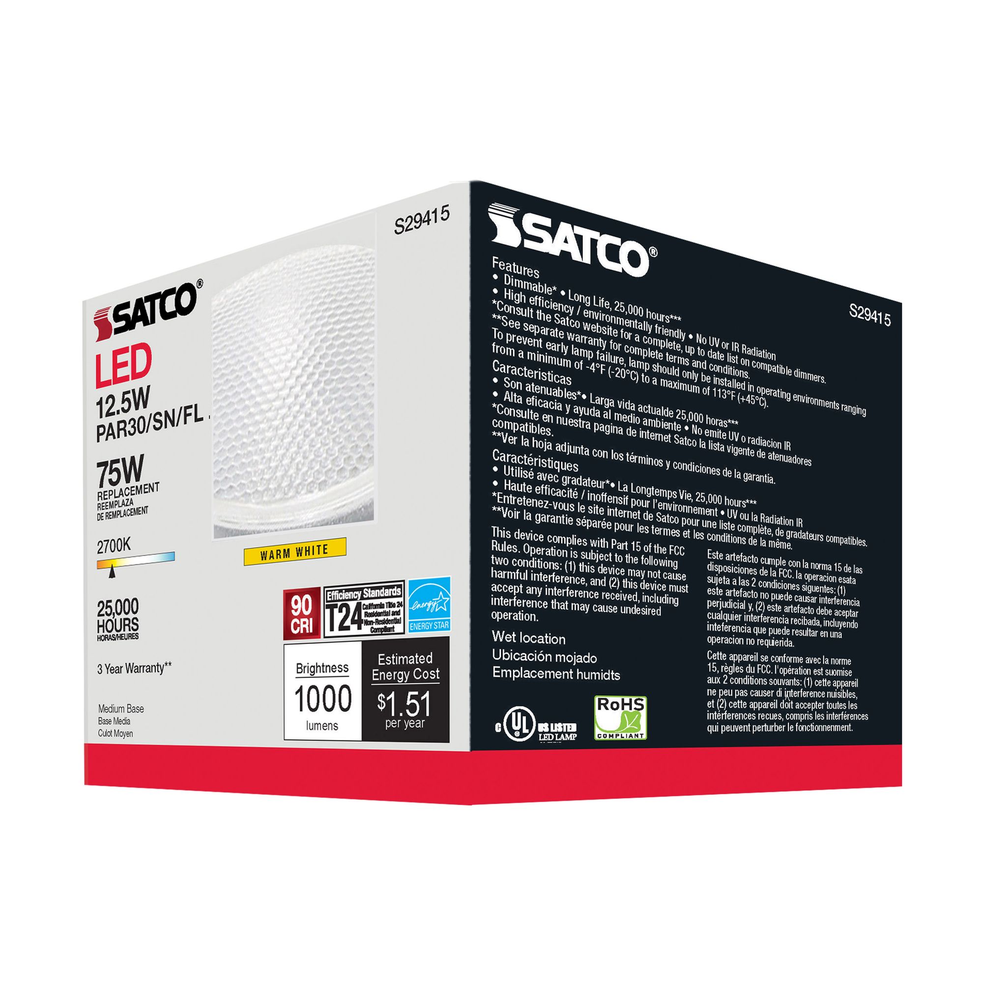 75W Equivalent Satco Clear 12.5W 2700K LED Dimmable Standard in scene