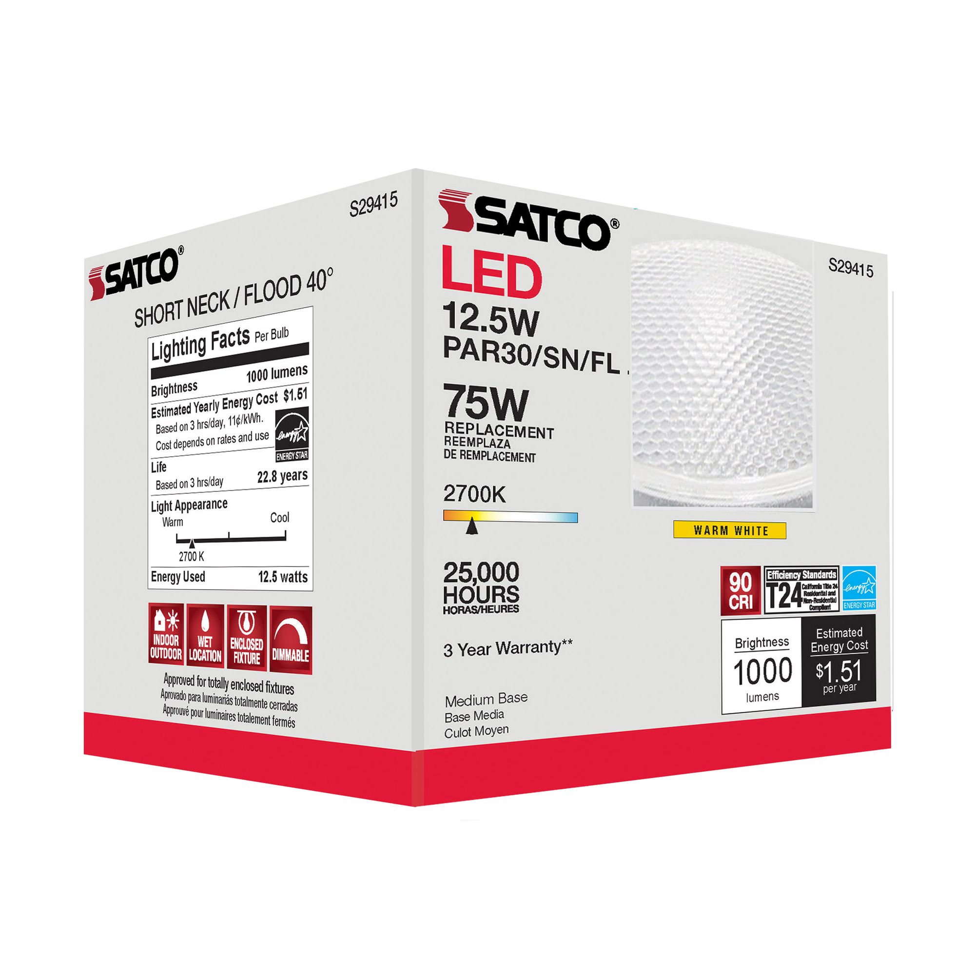 75W Equivalent Satco Clear 12.5W 2700K LED Dimmable Standard in scene